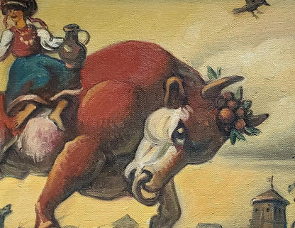 Vibrant red and white bull with floral crown oil painting by Daniil Litvinov