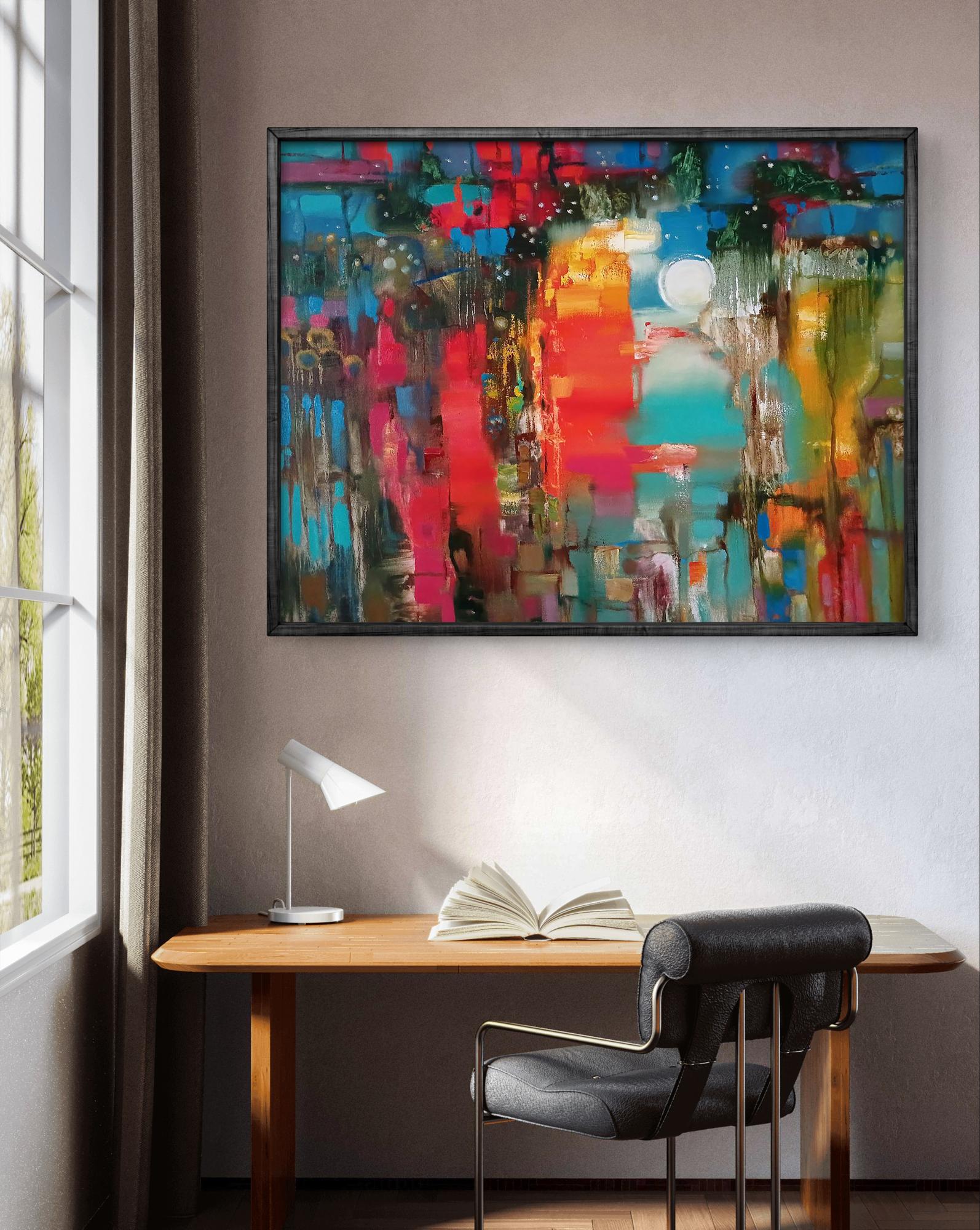 Vibrant abstract oil painting Cantata by Anatoly Tarabanov in black frame
