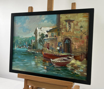 Oil painting Pier in evening colors by Yuriy Suprunchuk, framed coastal scene