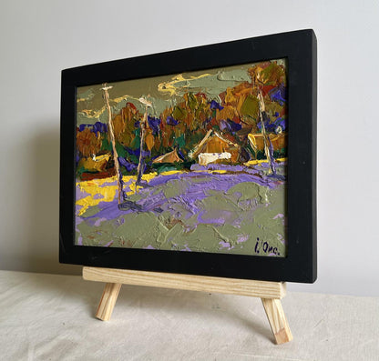 Oil painting Overlooking the village by Oksana Ivanyuk in black frame