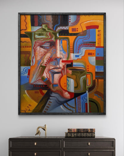 Abstract geometric oil portrait by Sergiy Voichenko in black frame