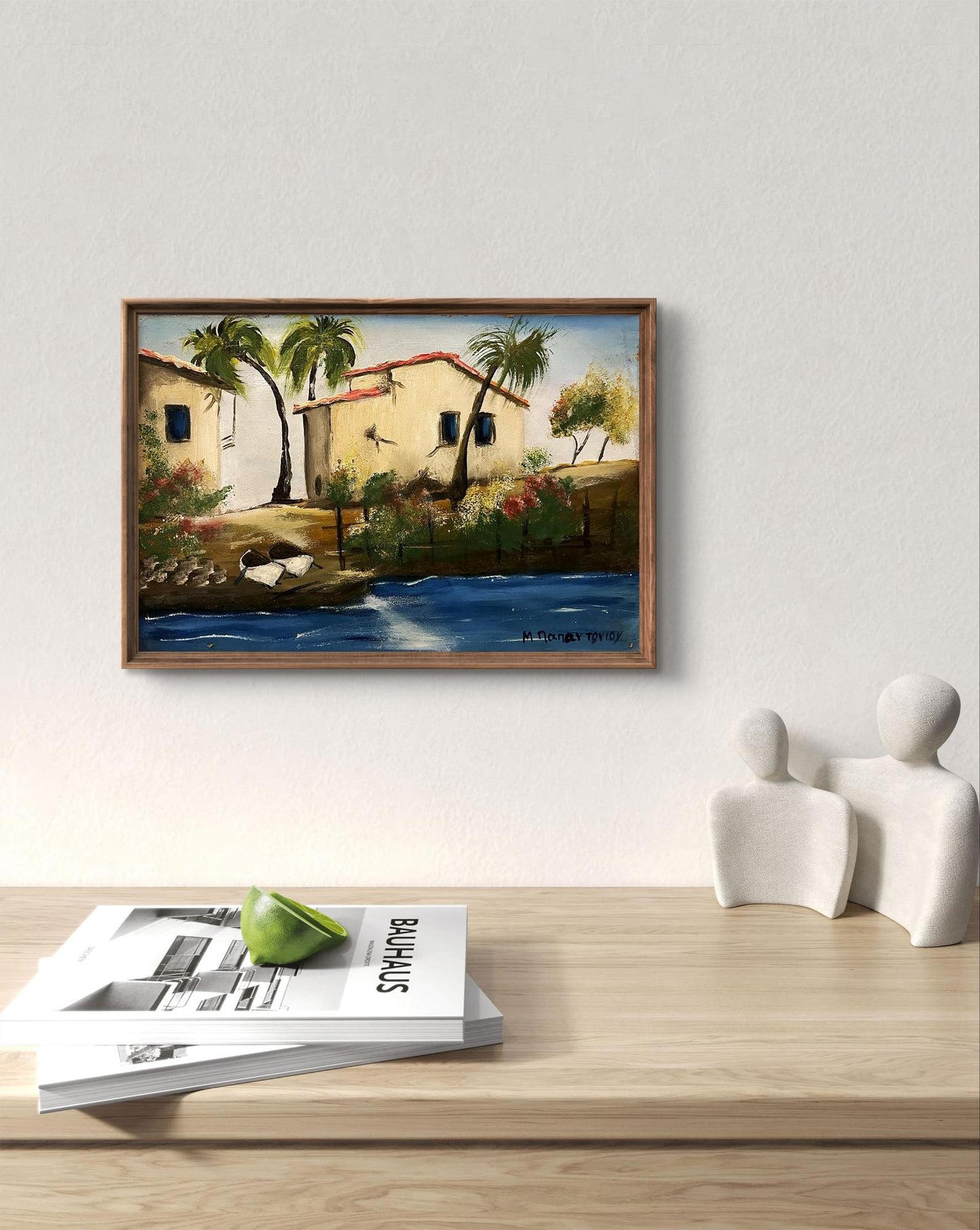 Oil painting of houses by the sea, Mediterranean village in wooden frame