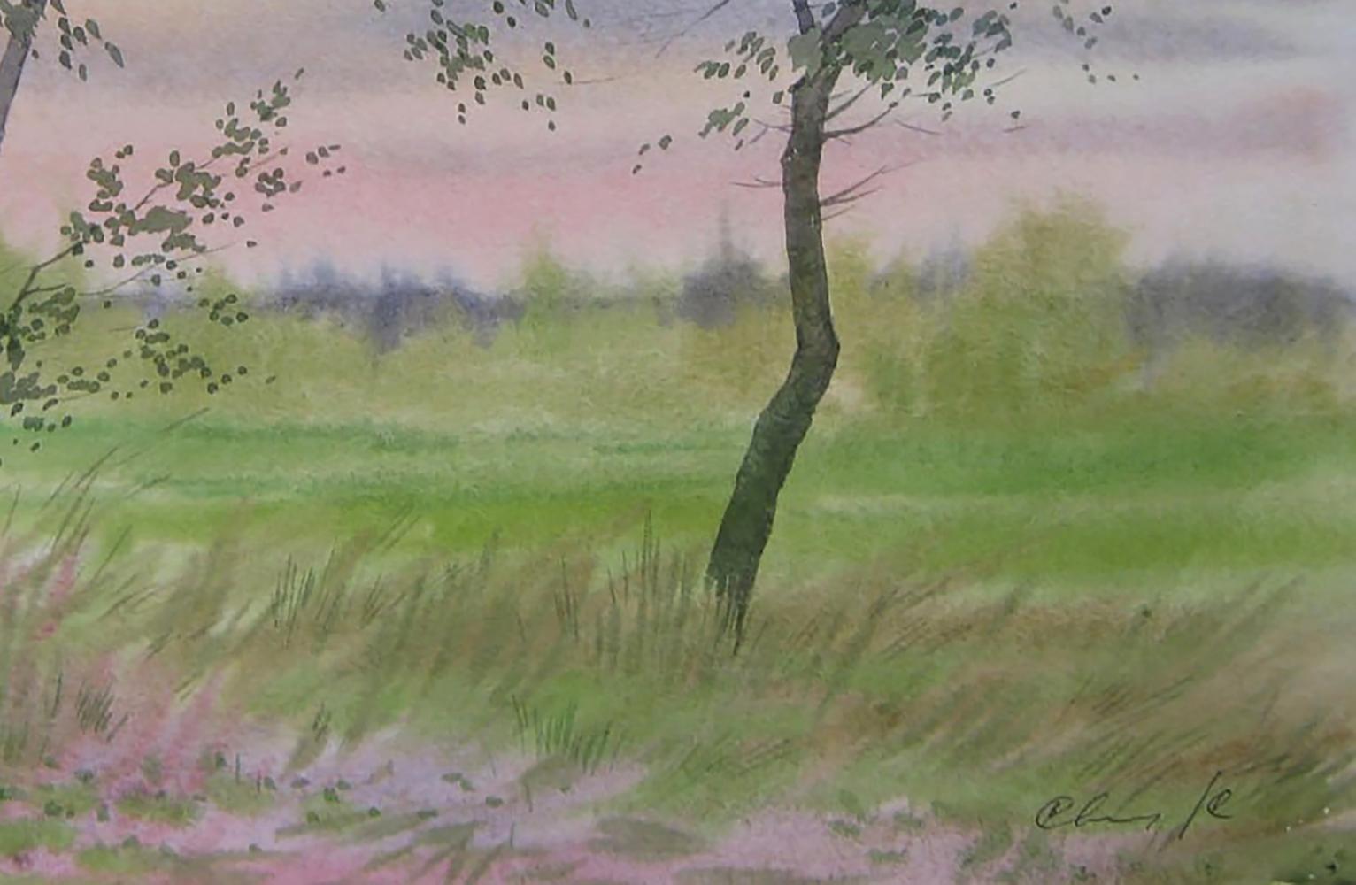 Watercolor painting of slender tree in field at pink sunset by Valery Savenets
