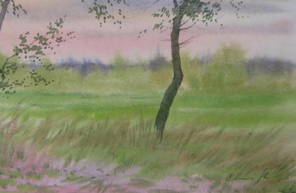 Watercolor painting of slender tree in field at pink sunset by Valery Savenets