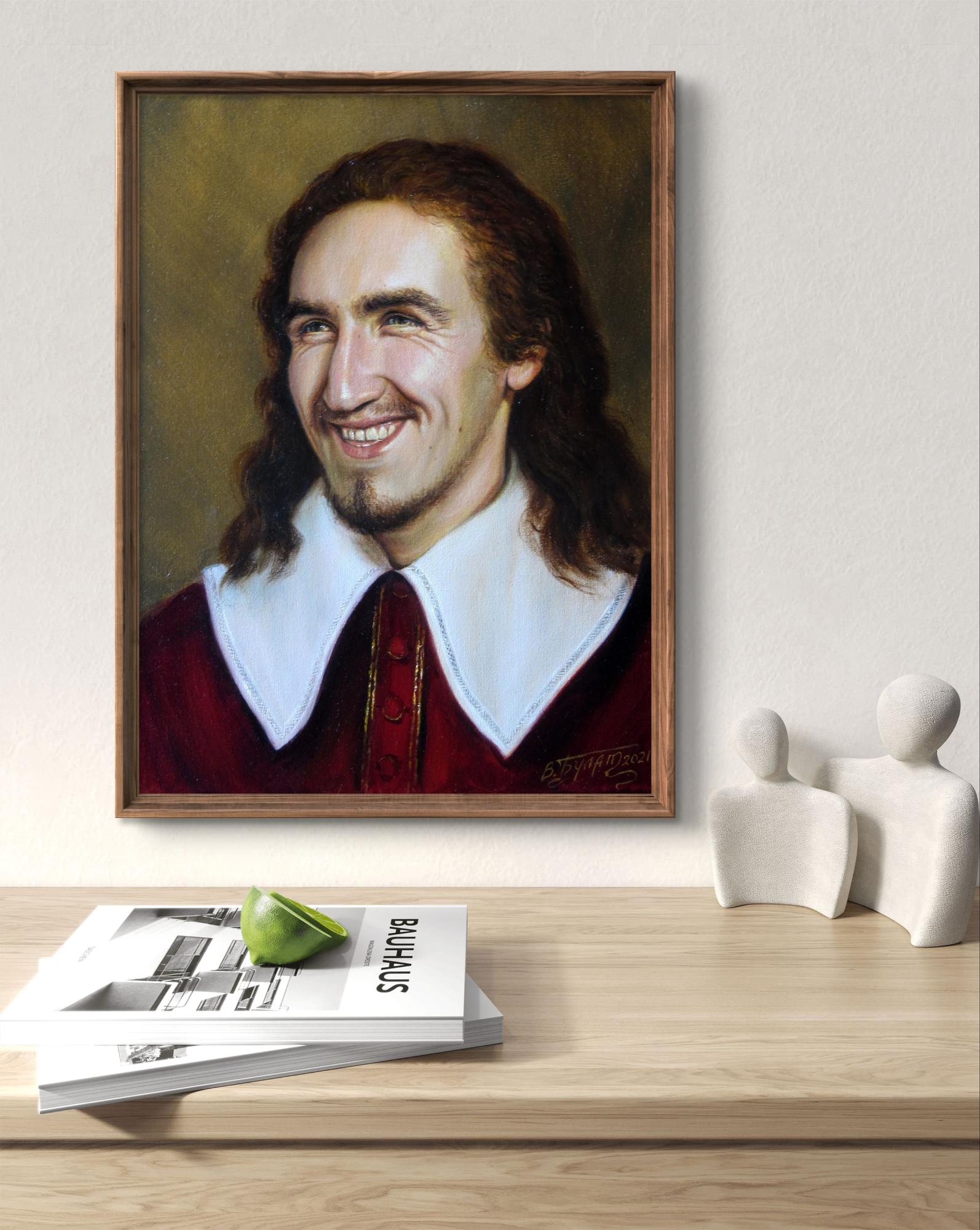 Framed Oil painting Fun time Valeriy Bulat portrait of smiling man
