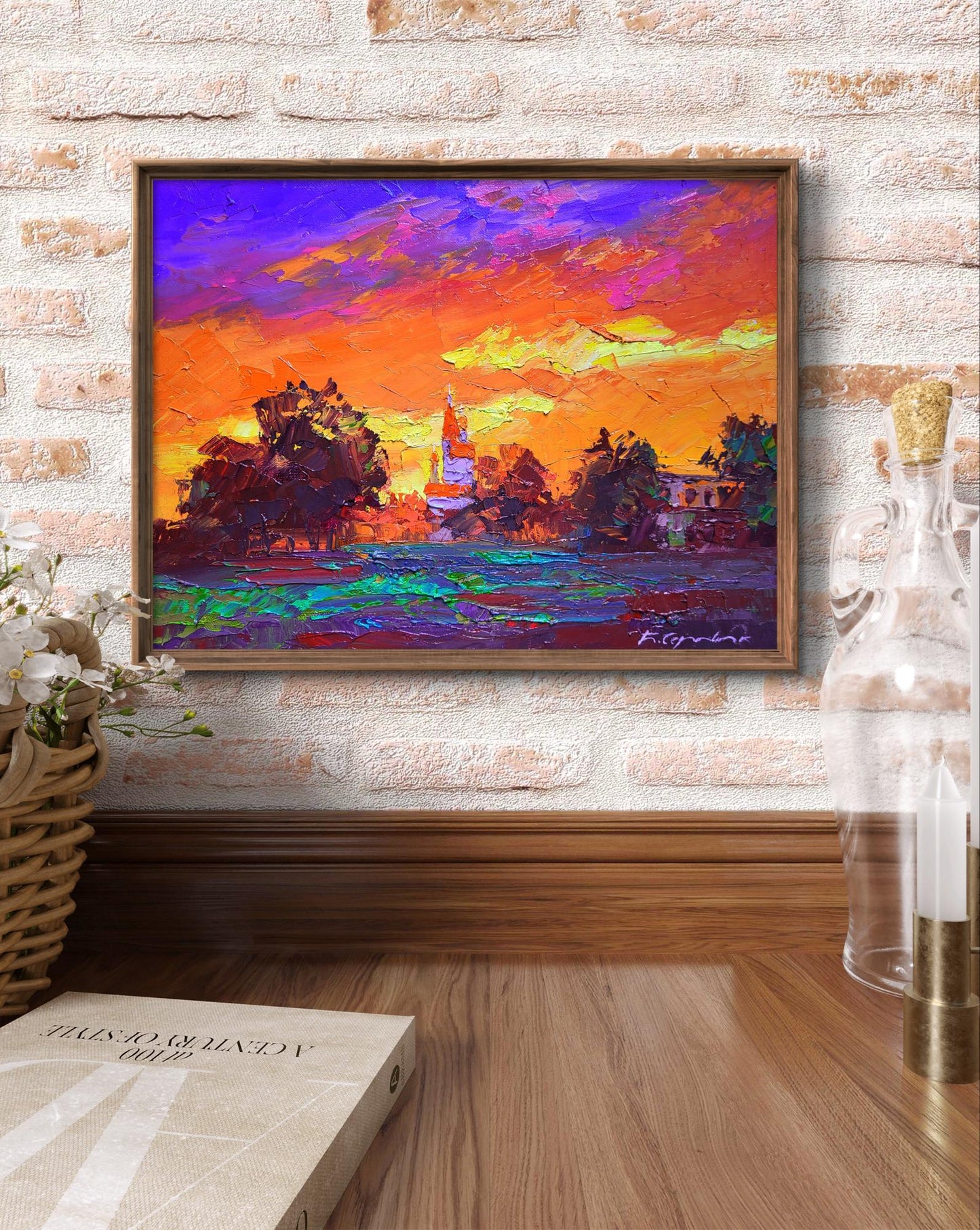 Oil painting Evening Boris Serdyuk impressionist sunset landscape in frame