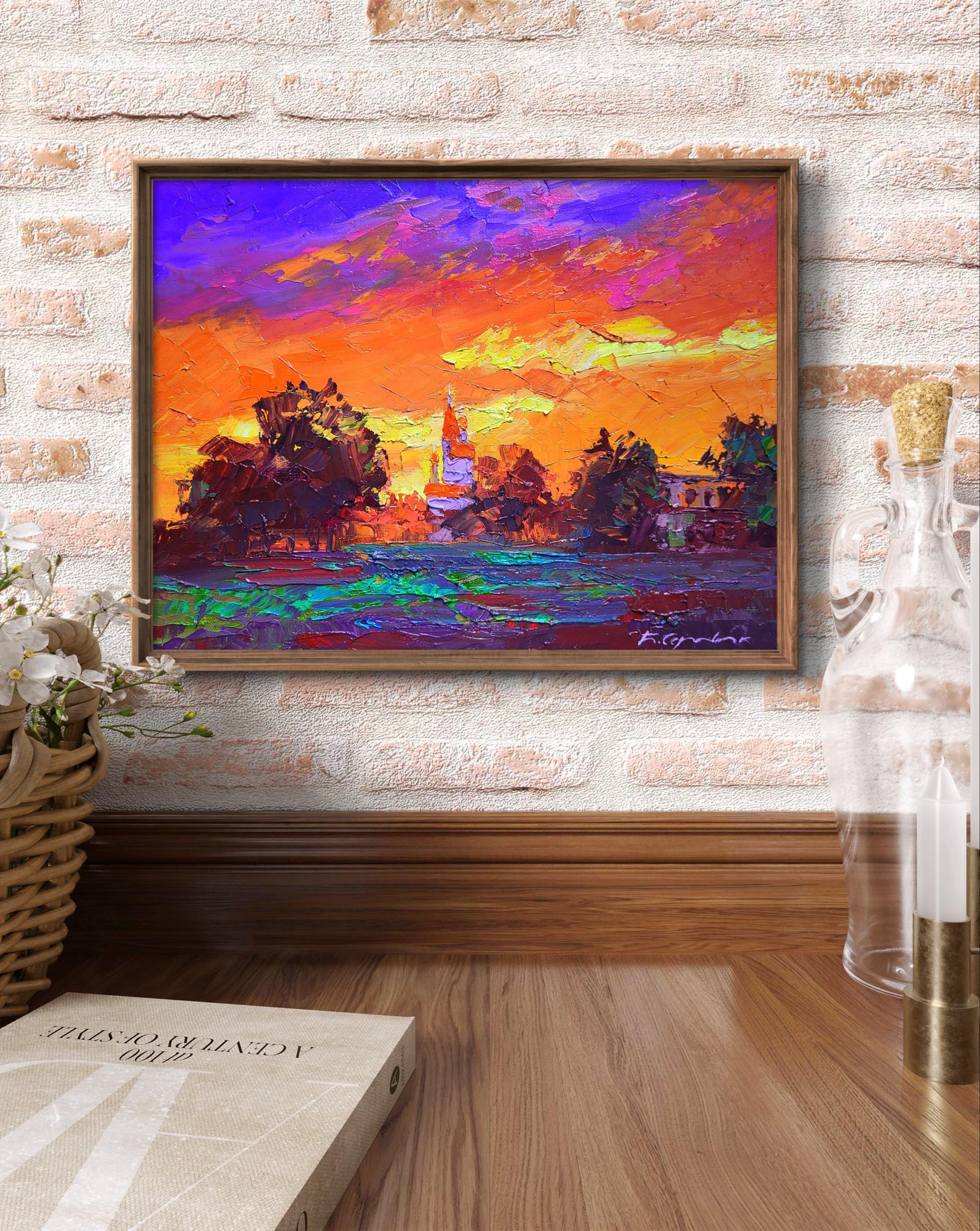 Oil painting Evening Boris Serdyuk impressionist sunset landscape in frame
