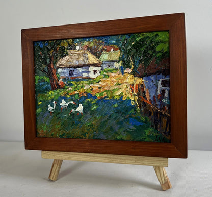 Oil painting Morning street of the village by Oleksiy Ivanyuk with geese