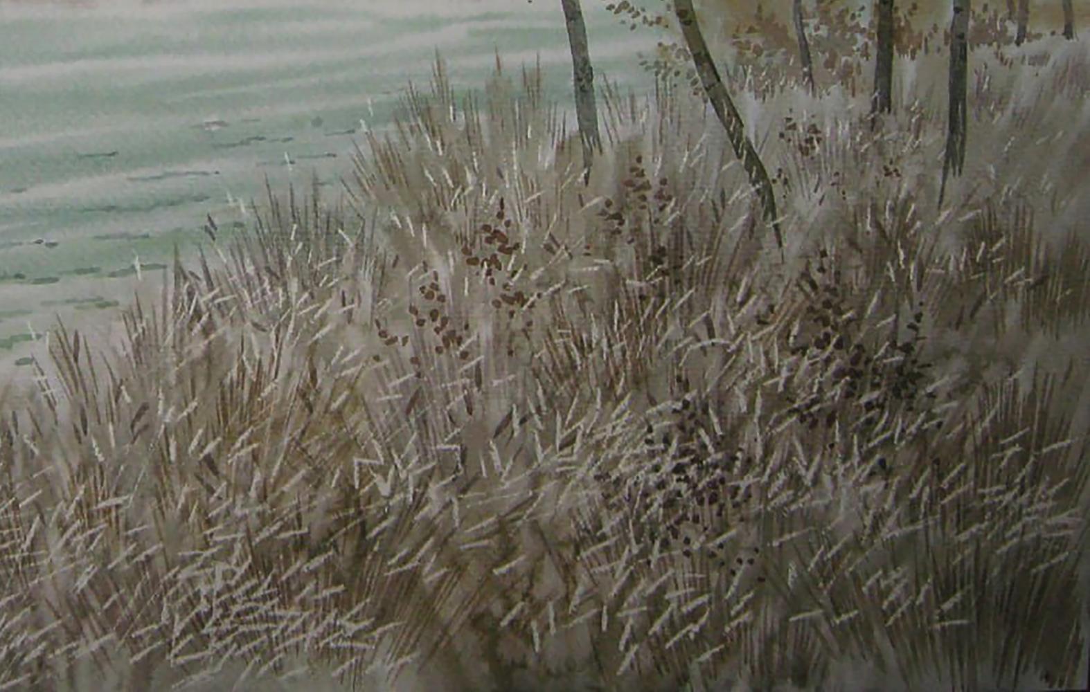 Watercolor painting of autumn grasses by river, Valery Savenets