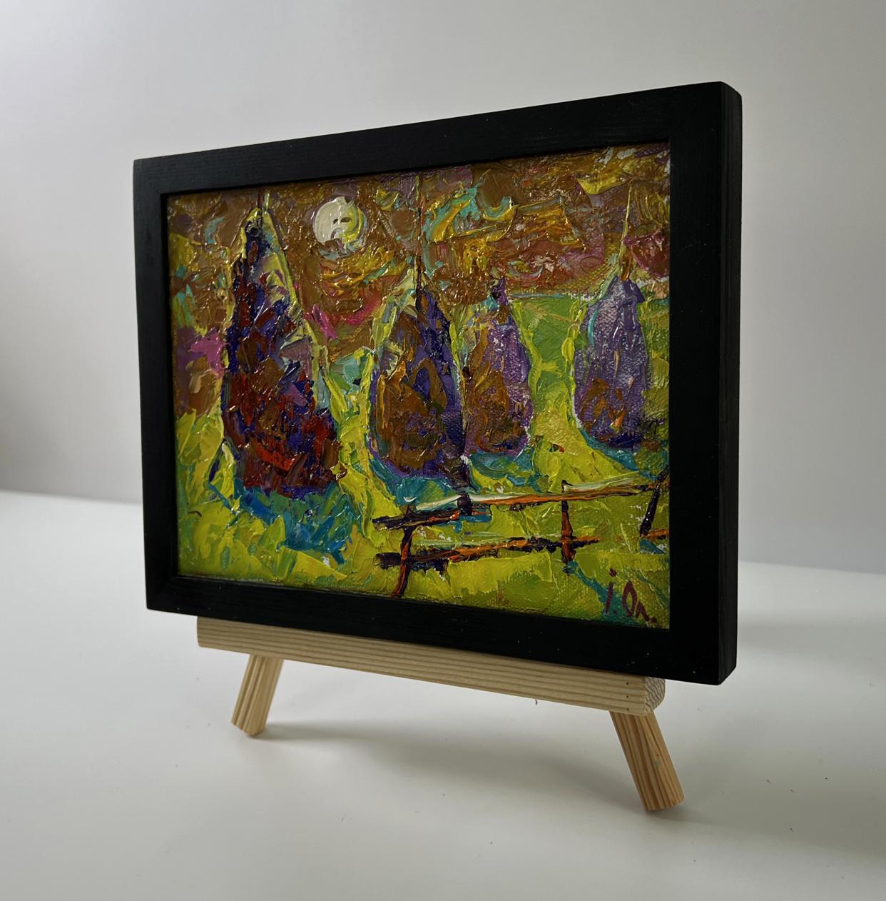 Oil painting Bright night over the field by Oleksiy Ivanyuk in black frame