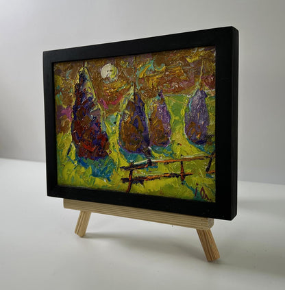 Oil painting Bright night over the field by Oleksiy Ivanyuk in black frame