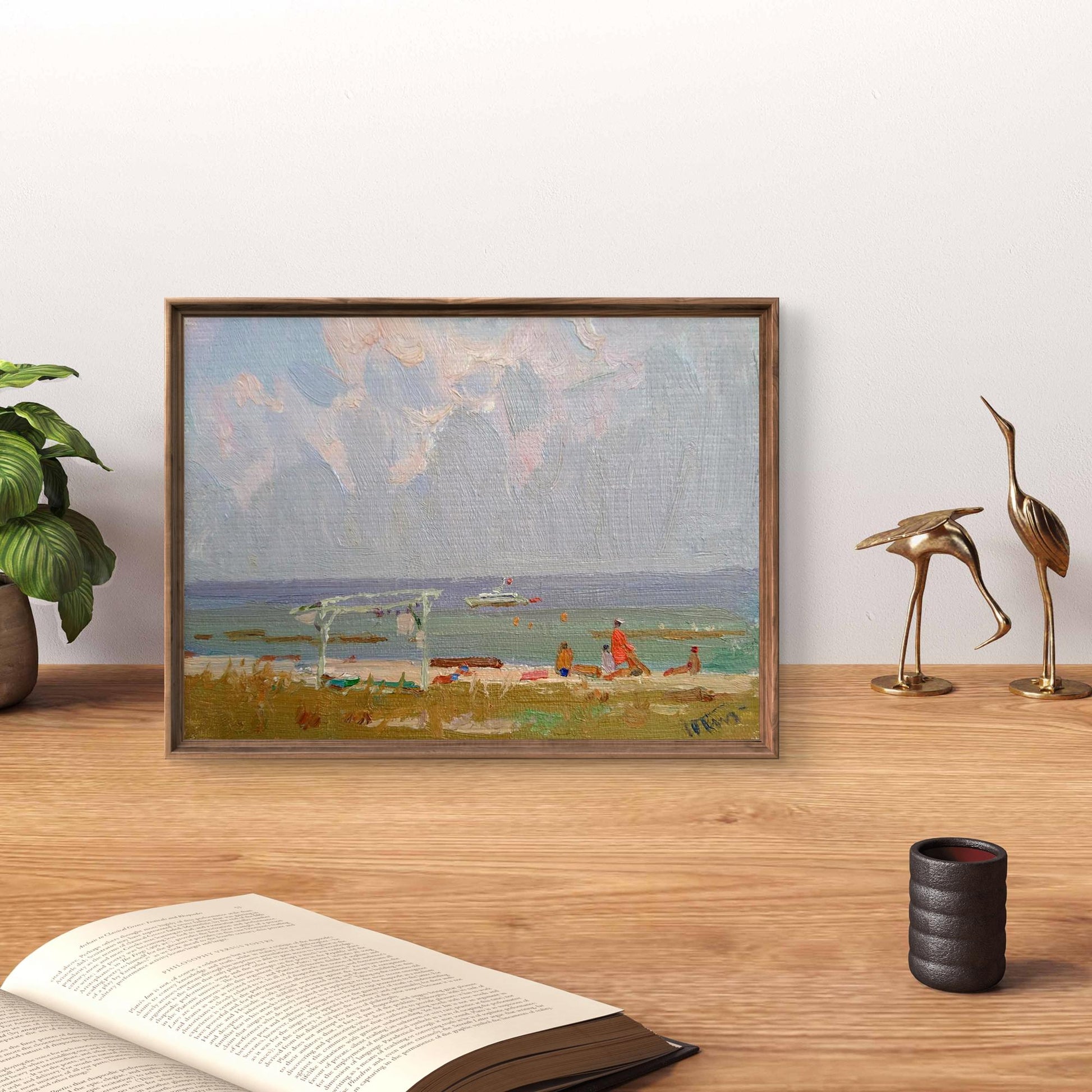 Framed oil painting of sea shores by Yury Konovalov with pastel skies