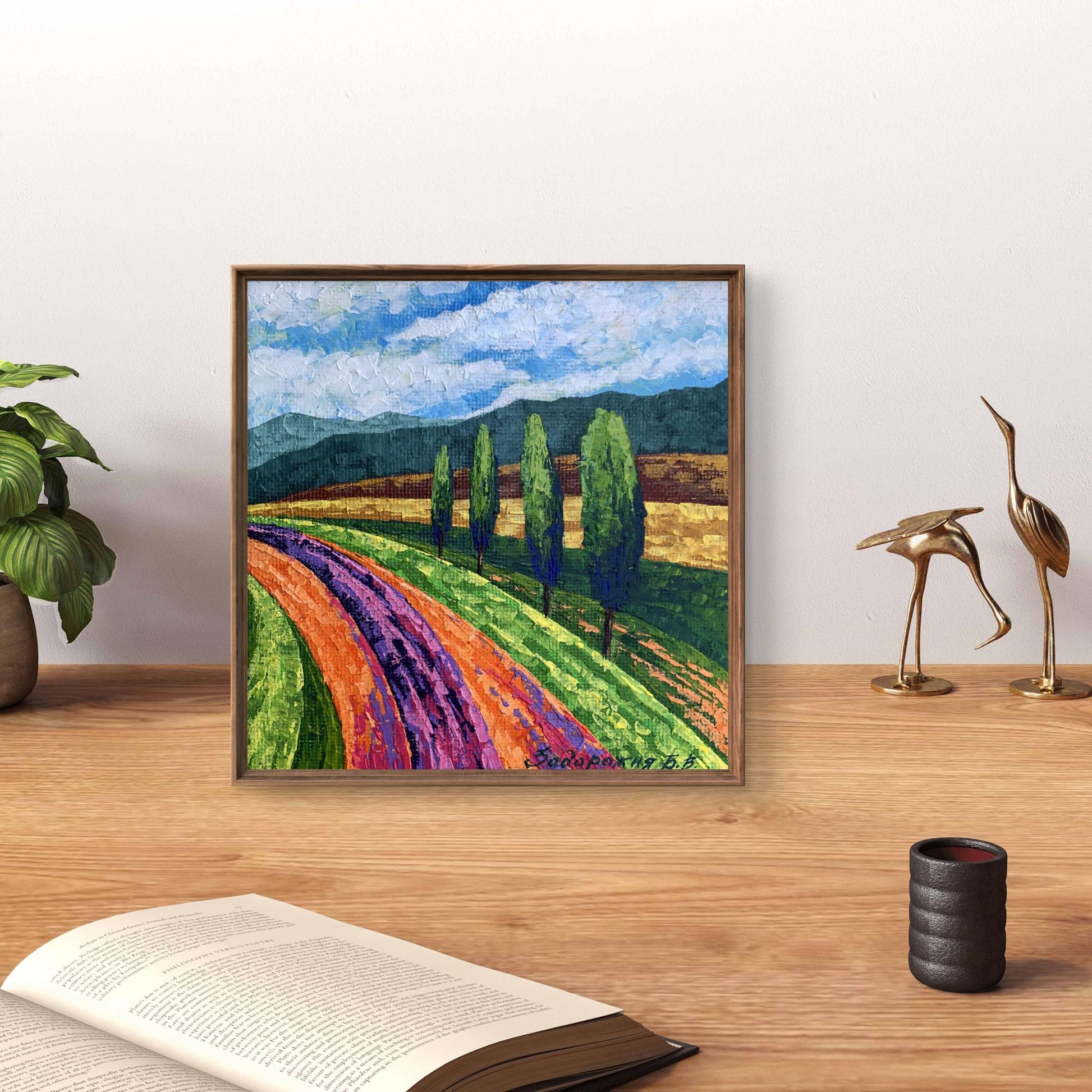 Oil painting Glade road to the mountains by V. Zadorozhnya, vibrant landscape