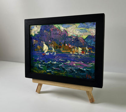 Vibrant impressionist oil painting Summer river breeze by Oleksiy Ivanyuk in black frame