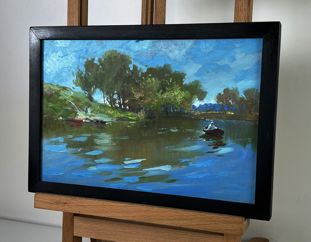 Framed impressionist oil painting Boats in the river by Yuriy Suprunchuk