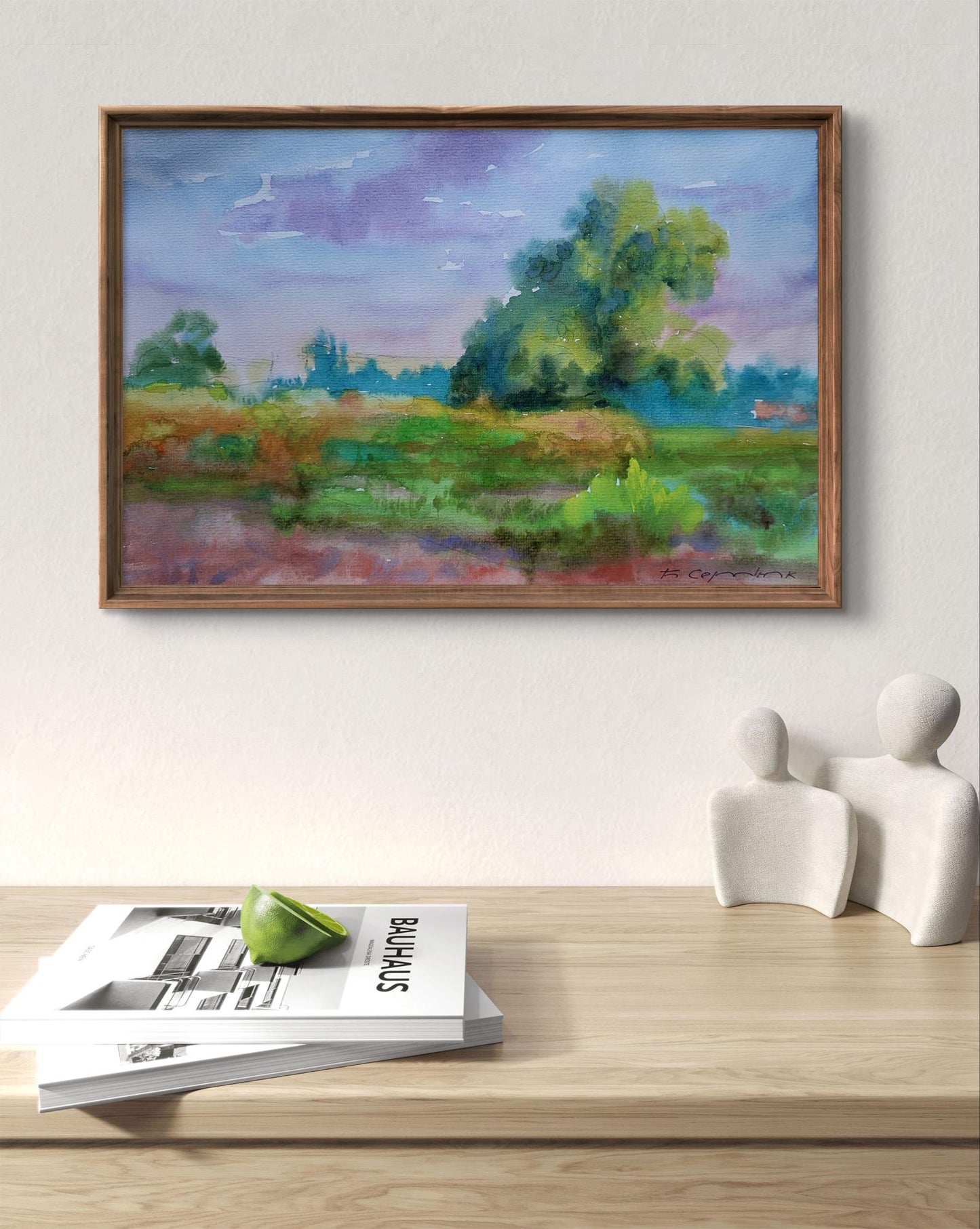 Watercolor painting August summer day by Boris Serdyuk, framed landscape