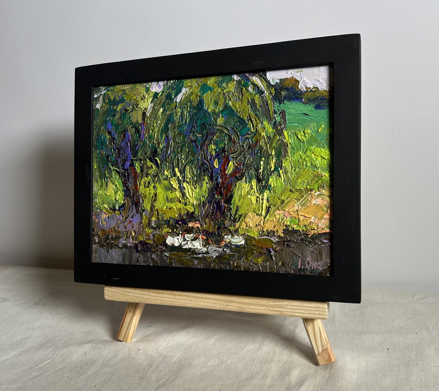 Vibrant impressionist oil painting by Oksana Ivanyuk, ducks near tree in wooded scene, black frame