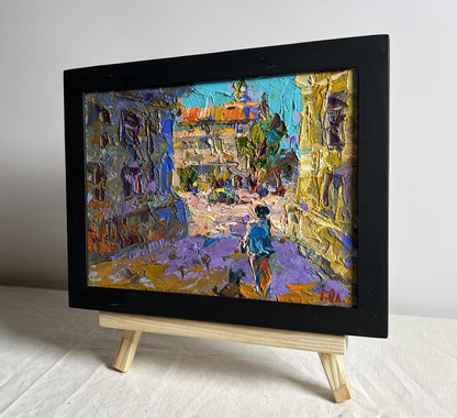 Oil painting Quiet city street by Oleksiy Ivanyuk in black frame