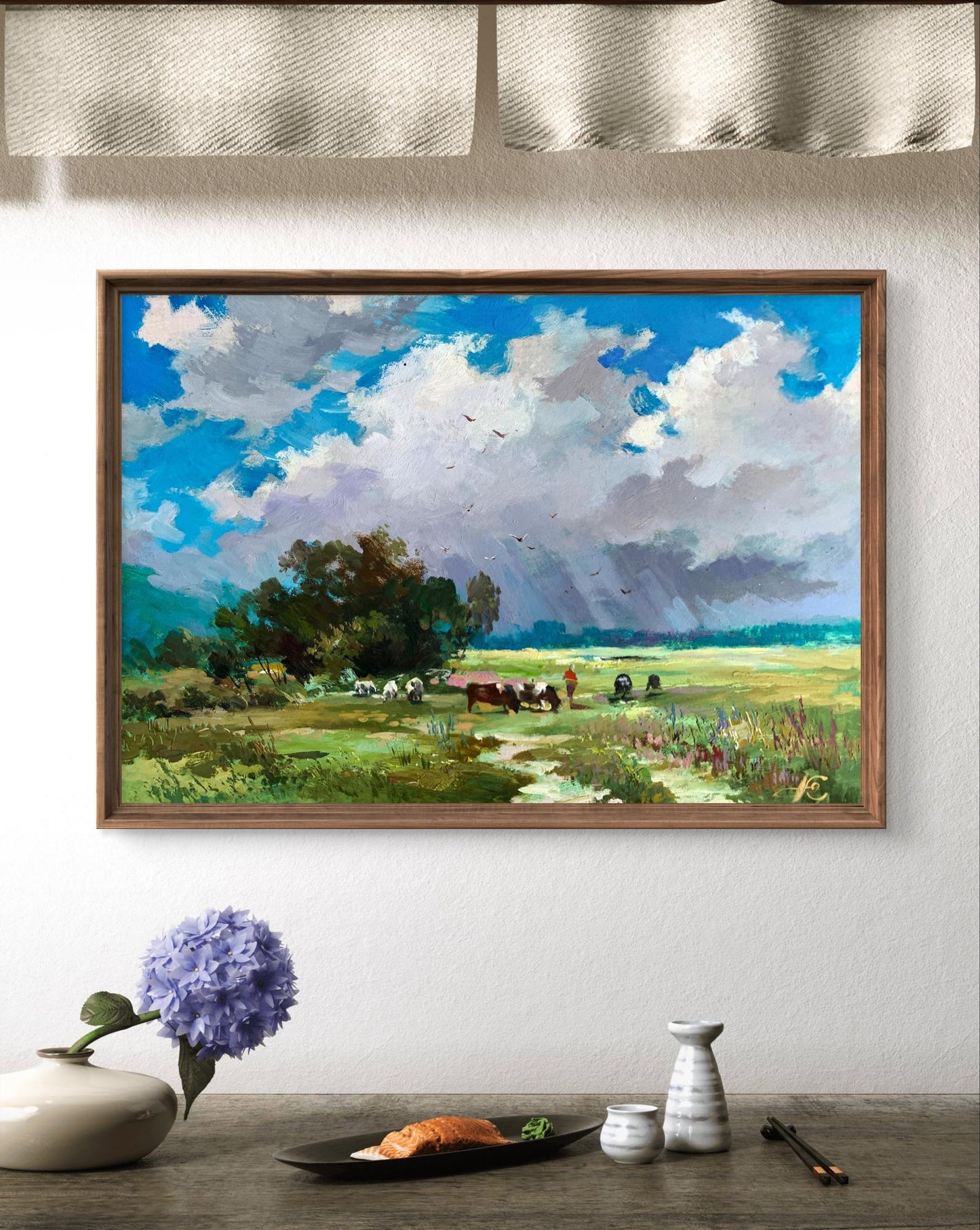 Framed oil painting by Yuriy Suprunchuk: pastoral fields under cloudy blue sky