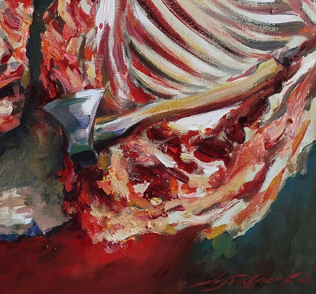 Textured impressionistic acrylic painting of red ribcage by Leonid Pavlenko