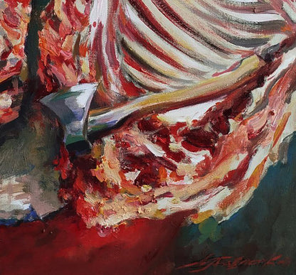 Textured impressionistic acrylic painting of red ribcage by Leonid Pavlenko