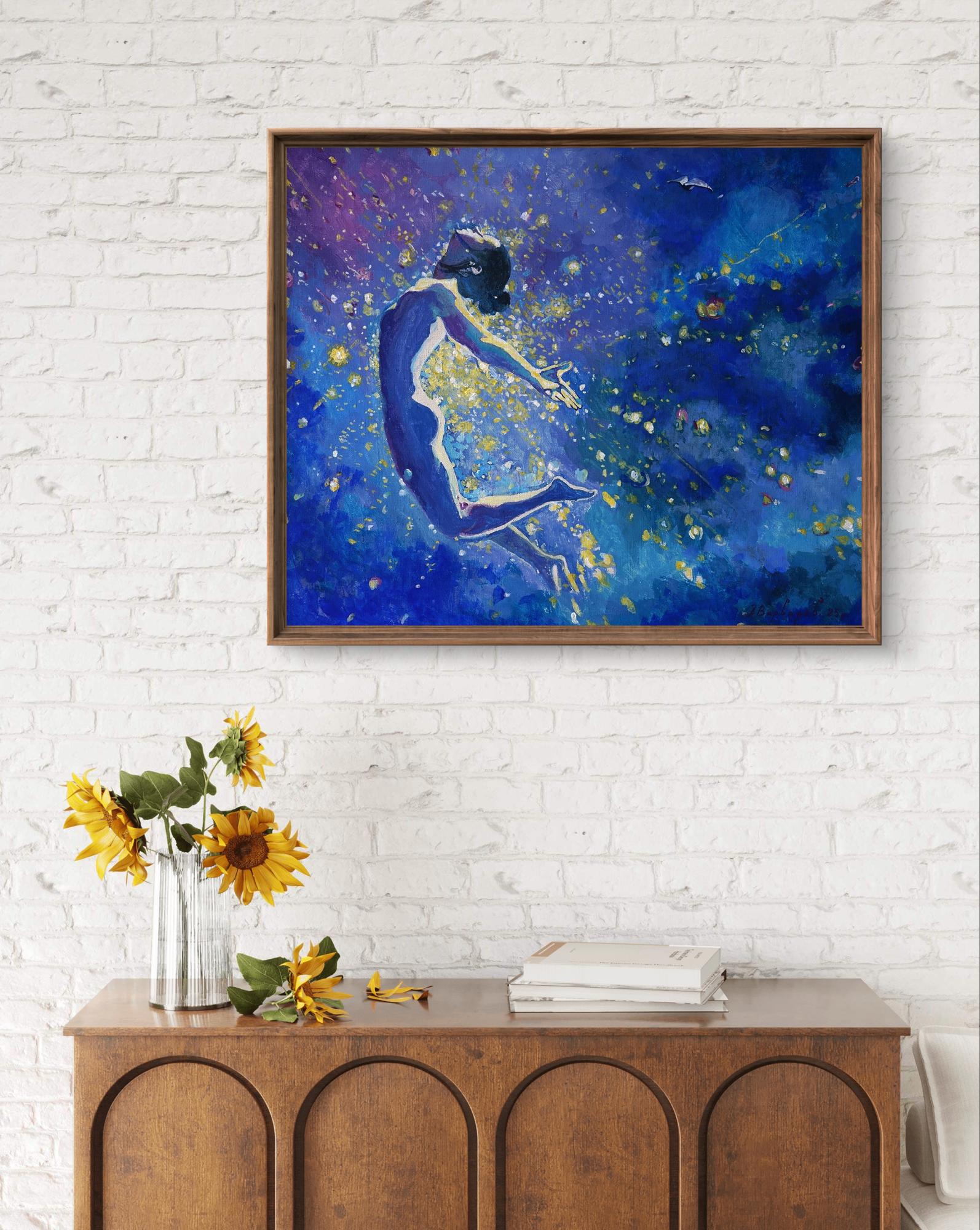 Framed Acrylic painting Flight to the Dream by Anatoly Varvarov cosmic silhouette