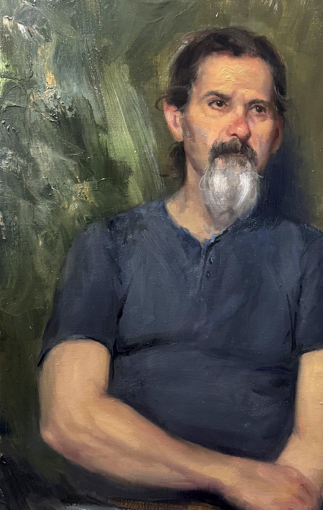 Oil painting Thoughts of Jose Annam Butt portrait of long-haired bearded man