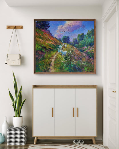 Oil painting White goats Boris Serdyuk impressionist hills sky path