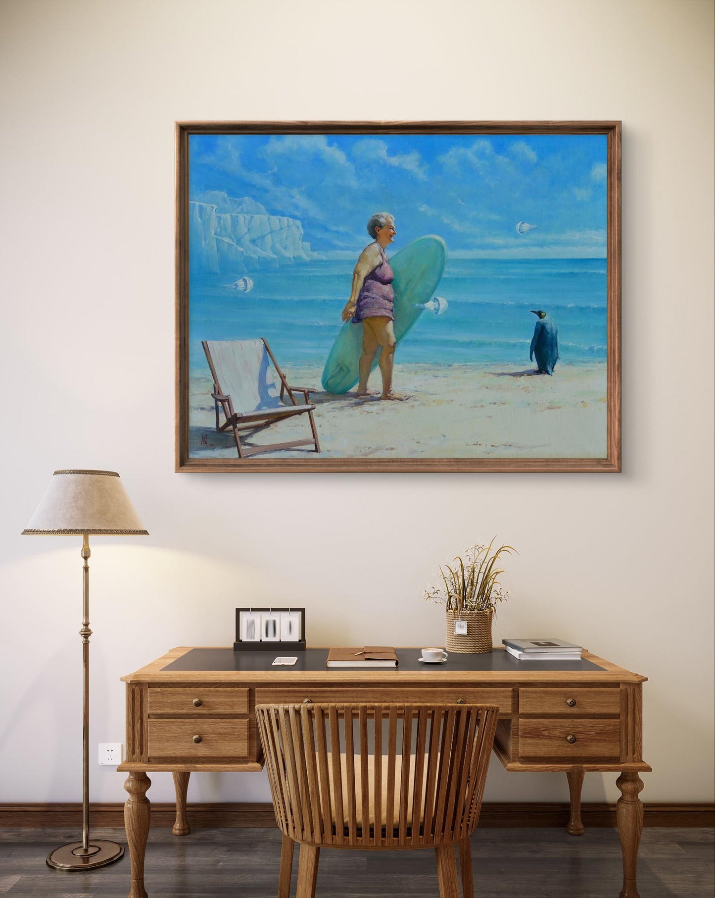 Oil painting Cold seashore by Oleg Kateryniuk: woman with green surfboard, penguin on beach
