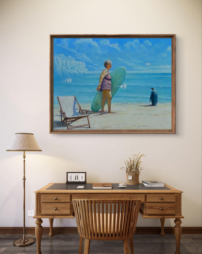 Oil painting Cold seashore by Oleg Kateryniuk: woman with green surfboard, penguin on beach