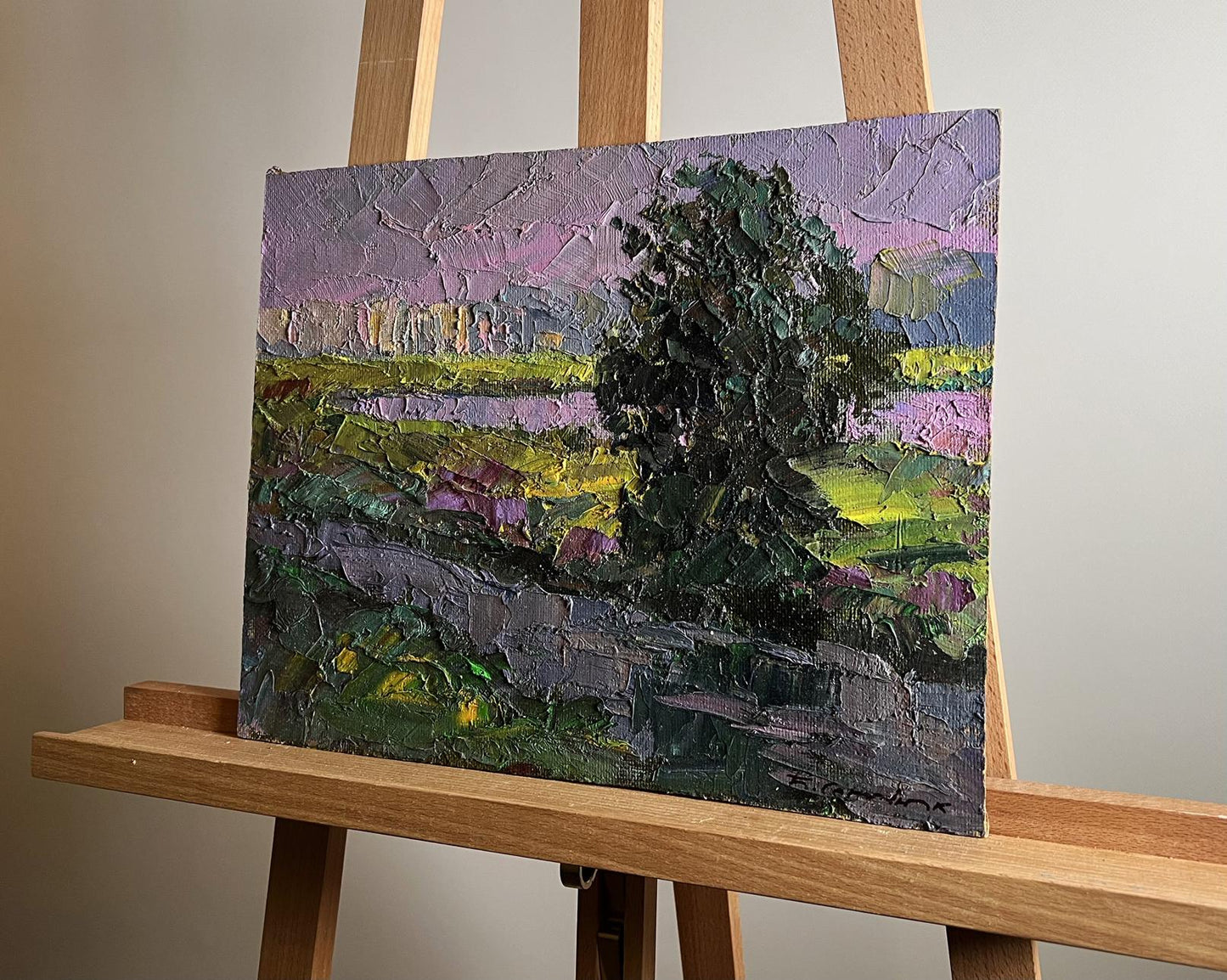 Oil painting Natural meadow Boris Serdyuk purple green landscape tree