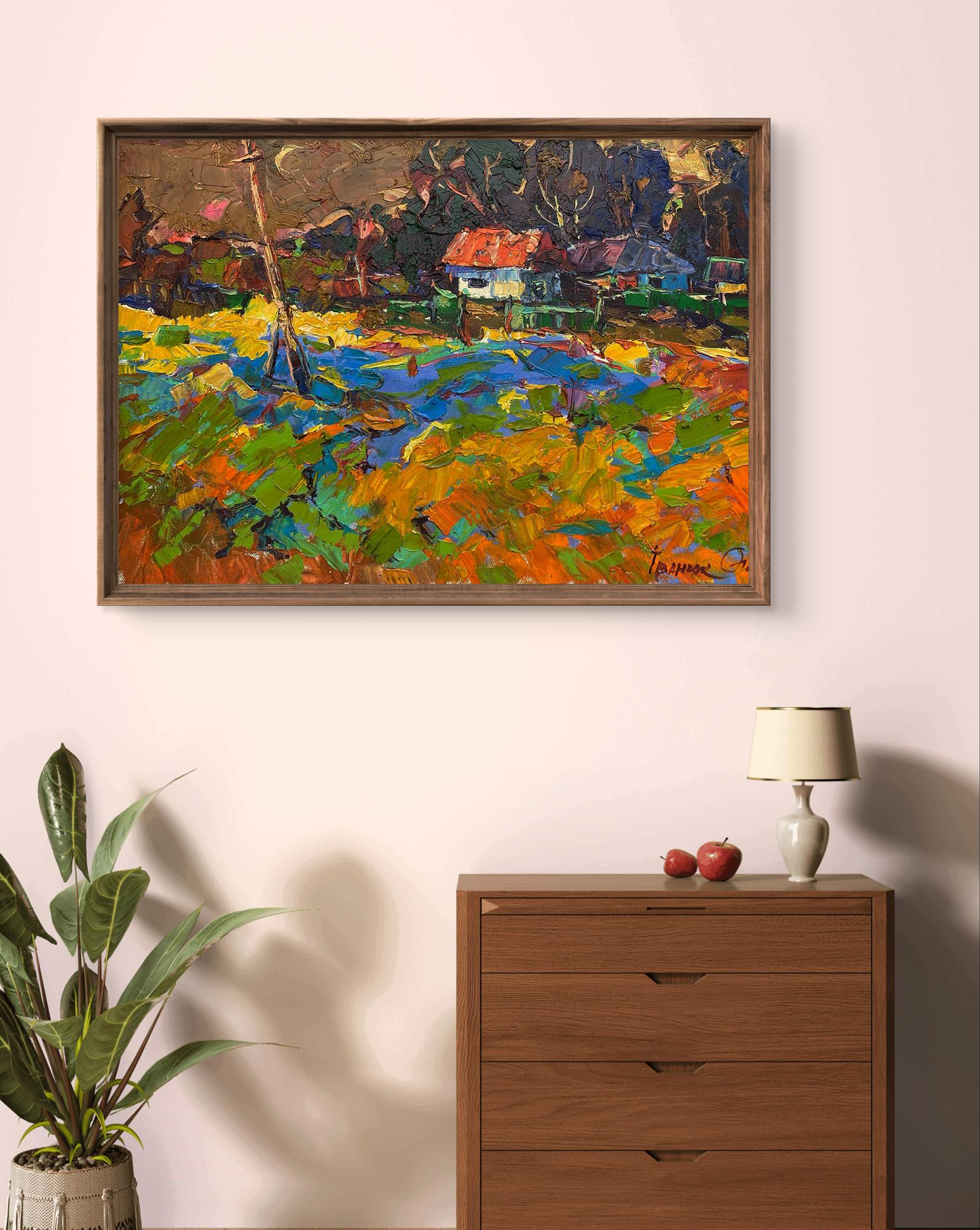 Oil painting Crimson evening in the village by Oleksiy Ivanyuk in rustic frame