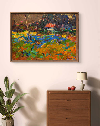 Oil painting Crimson evening in the village by Oleksiy Ivanyuk in rustic frame