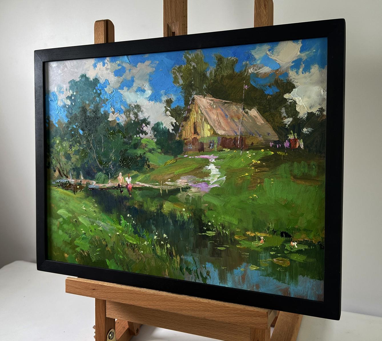 Oil painting Quiet conversations of girls by Yuriy Suprunchuk in black frame
