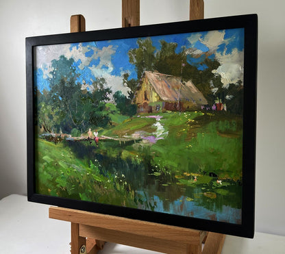 Oil painting Quiet conversations of girls by Yuriy Suprunchuk in black frame