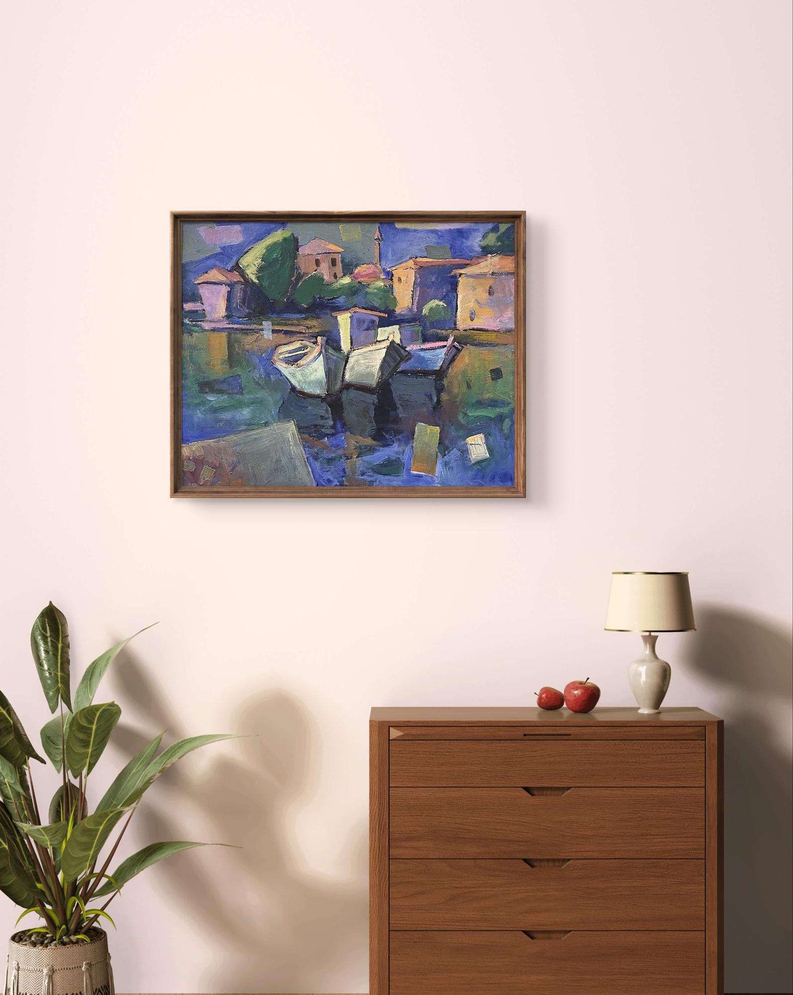 Oil painting Harbor by Oleksandr Andreev: vibrant boats in harbor scene