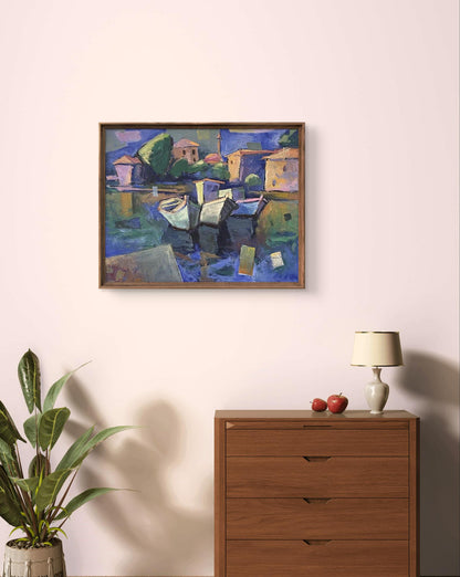 Oil painting Harbor by Oleksandr Andreev: vibrant boats in harbor scene