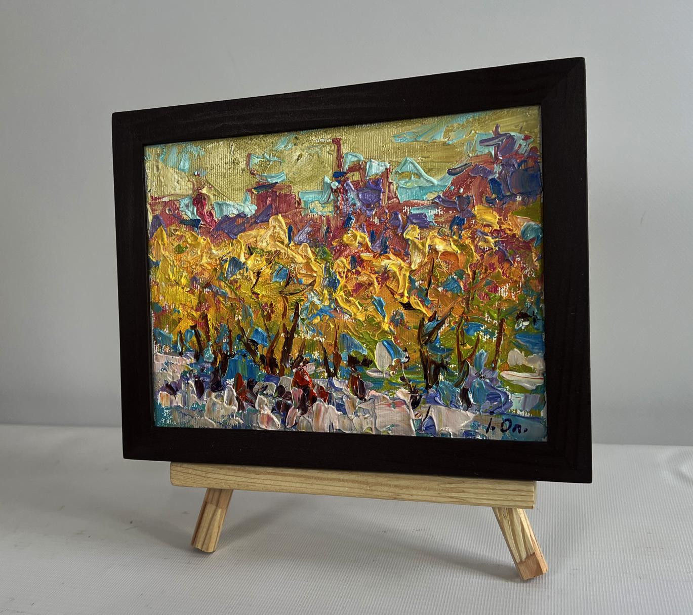 Oil painting Autumn city alley by Oleksiy Ivanyuk in black frame