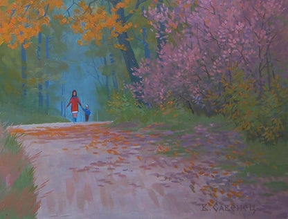 Oil painting Walk in the forest by Valery Savenets: woman and child on misty autumn path