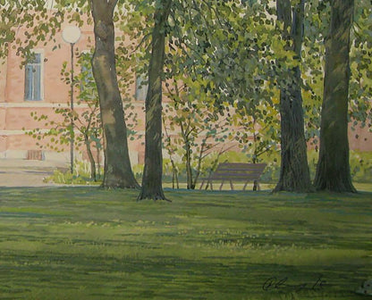 Watercolor painting of wooden park bench by Valery Savenets in summer park