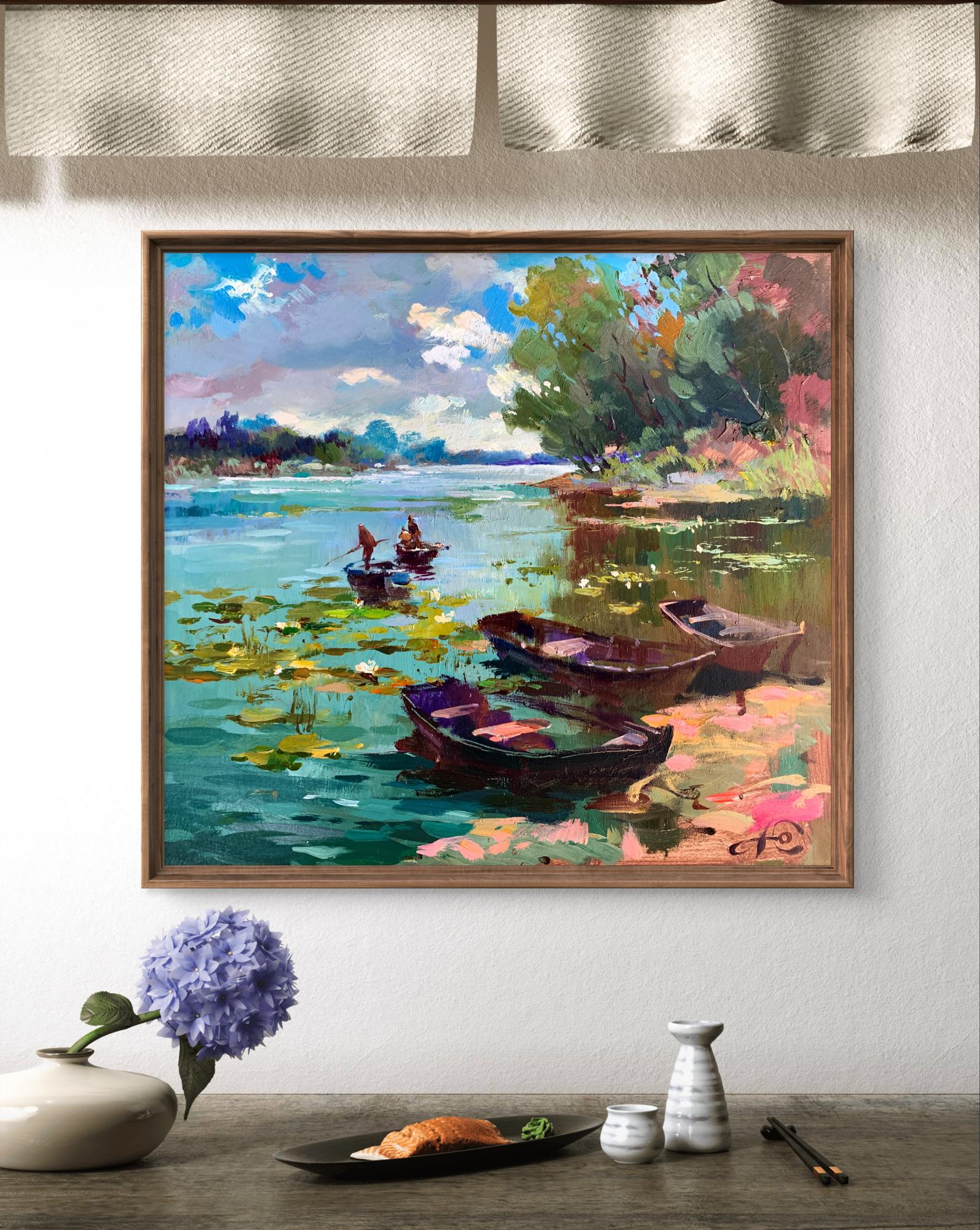Framed impressionist oil painting of boats on lily-pad lake by Yuriy Suprunchuk