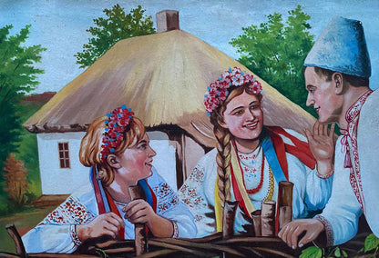 Oil painting of young Ukrainians in traditional attire near house