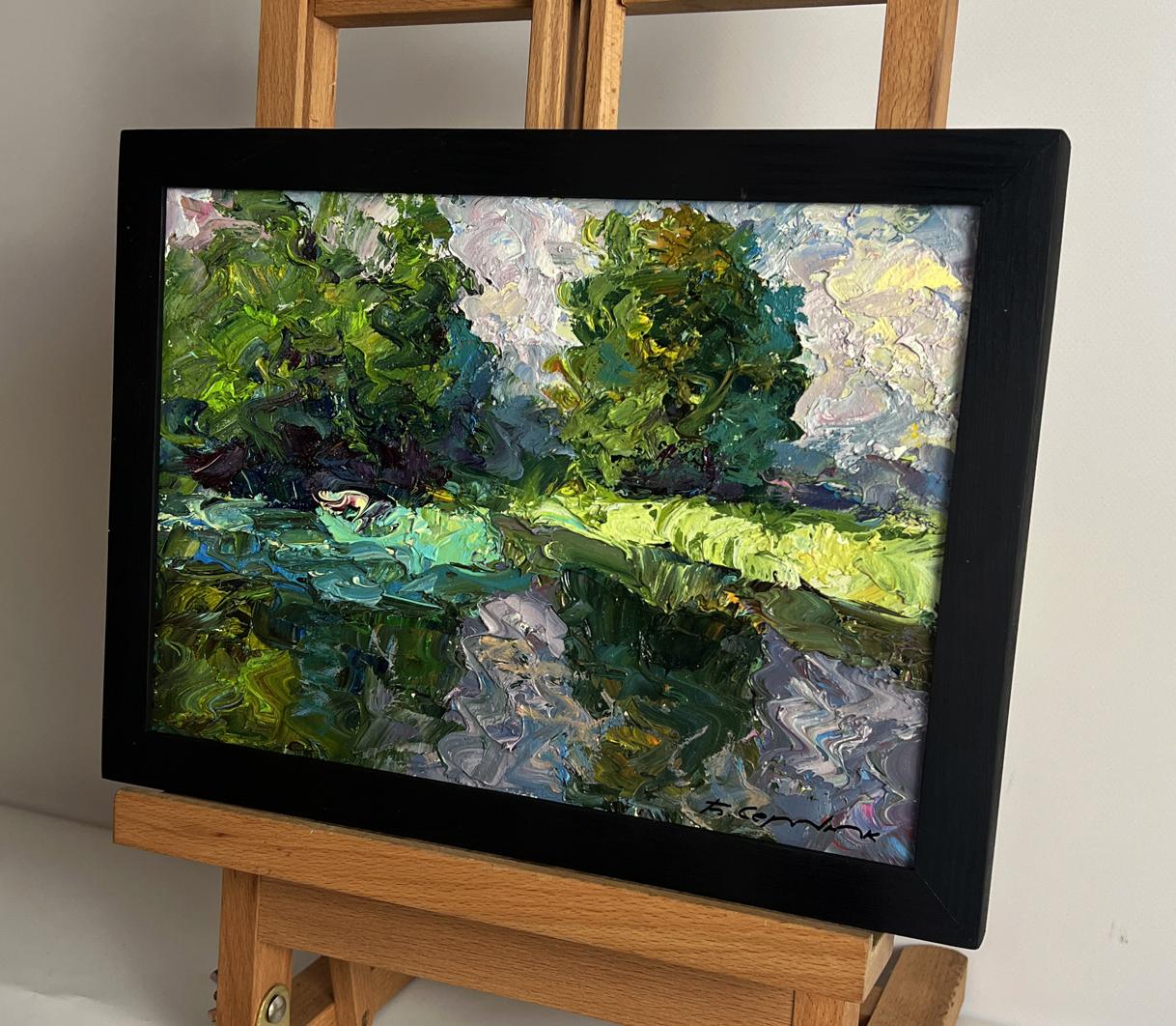 Vibrant impressionist oil painting Quiet daytime river by Boris Serdyuk, green landscape with reflective water in black frame