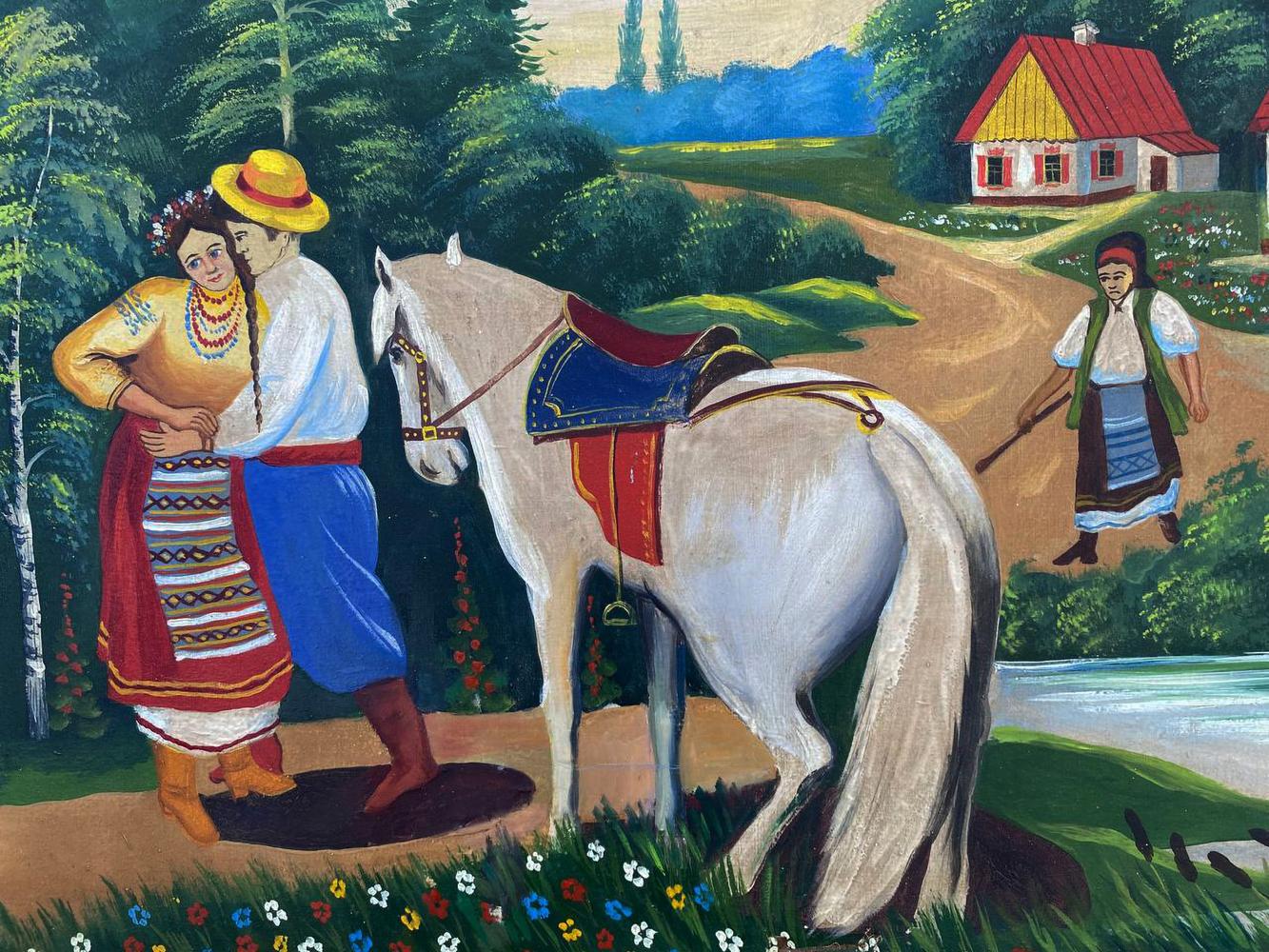 Oil painting of young couple, white horse with blue red saddle in pastoral scene