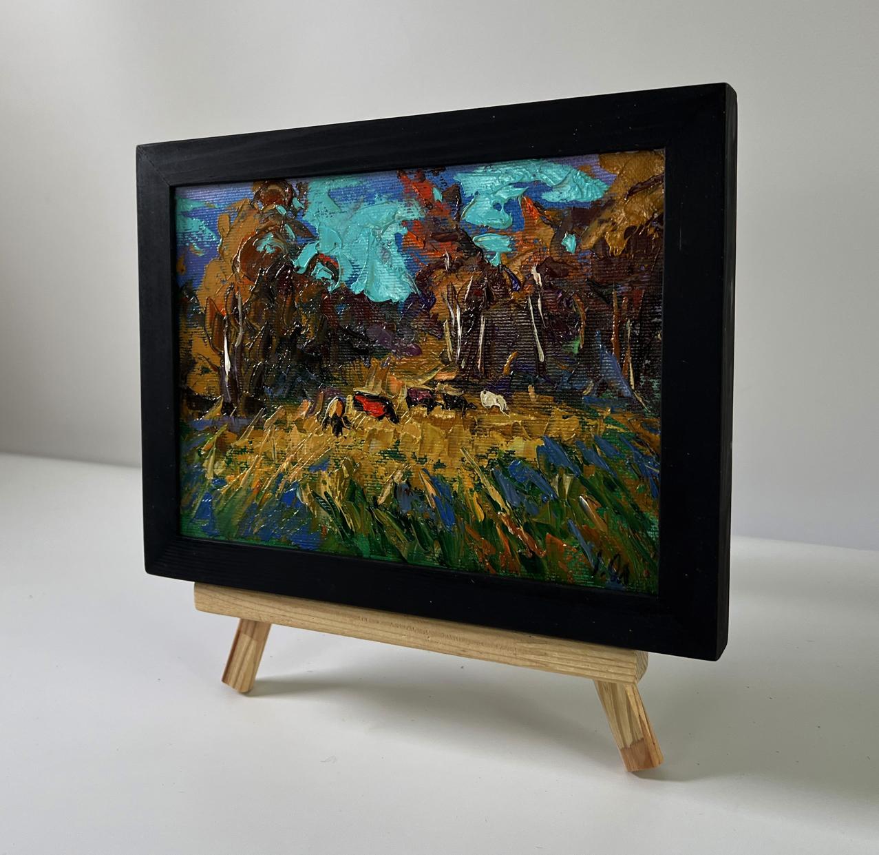 Oil painting Near the autumn forest by Oleksiy Ivanyuk in black frame