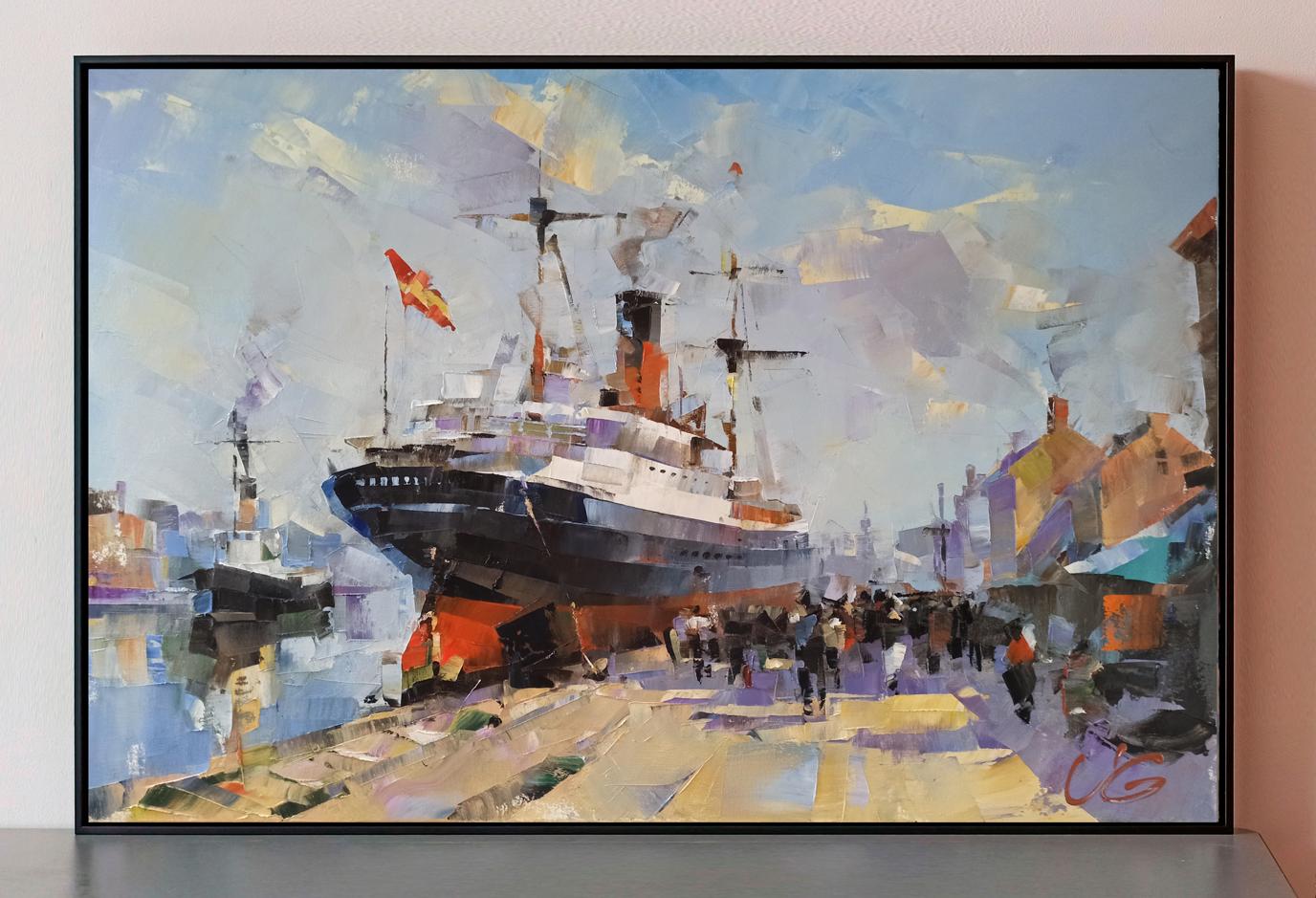 Oil painting Daily hustle and bustle by Volodymyr Gluhomanyuk, bustling harbor scene