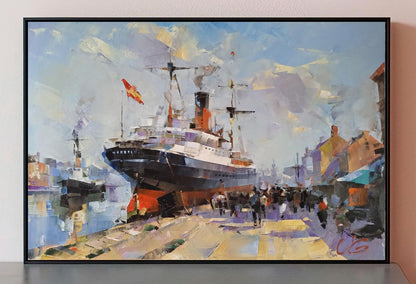 Oil painting Daily hustle and bustle by Volodymyr Gluhomanyuk, bustling harbor scene