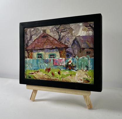 Miniature oil painting Yard in Sunset Light by Oksana Ivanyuk, rustic village scene