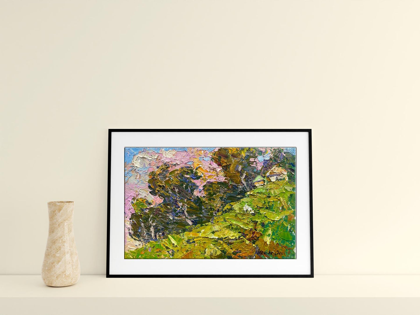 Painting Summer Breeze by Oleksiy Ivanyuk on a table with a vase