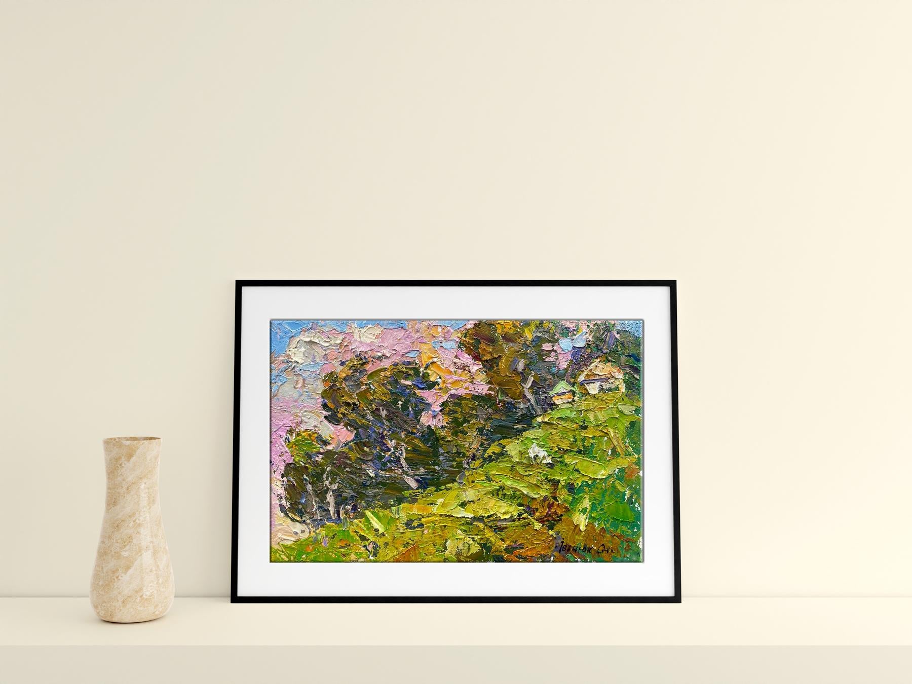 Painting Summer Breeze by Oleksiy Ivanyuk on a table with a vase